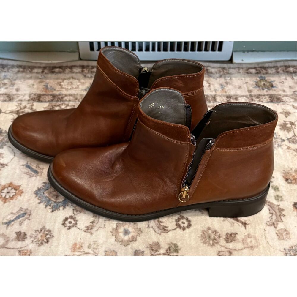 Bella-Vita Womens Ankle Bootie Leather Boots Zip-Up Demi Block Heel Brown Sz 9.5